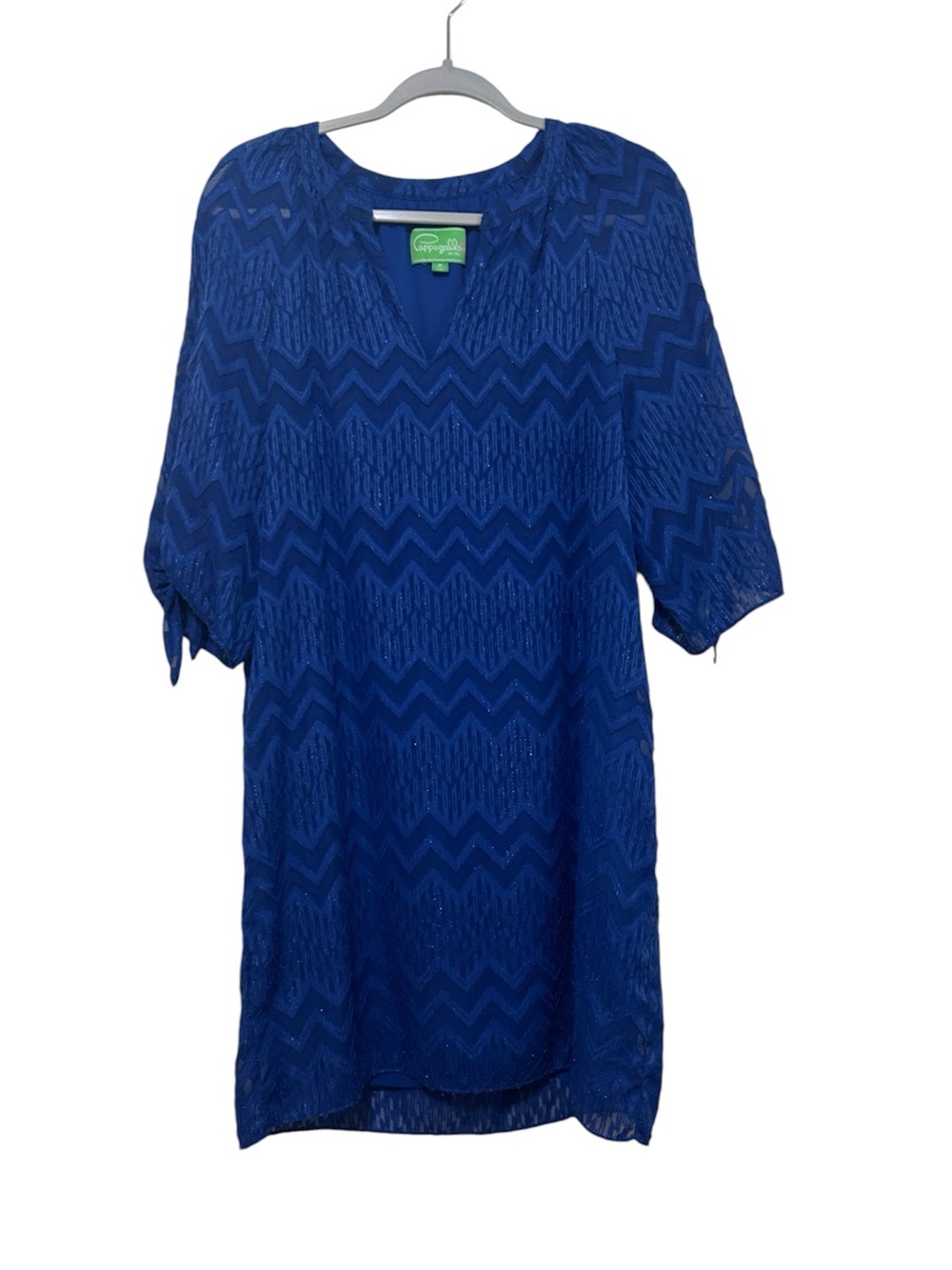 Pappagallo Blue Zig Zag Chevron Metallic Knit Shift Dress Tie Sleeve Size M
